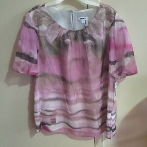 DKNY Sheer Pink & Taupe Abstract Blouse - Size XL